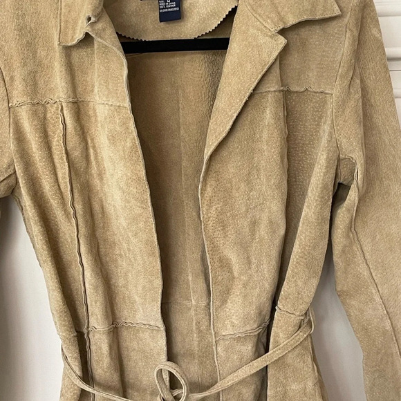 Vintage Blue Asphalt Tan 100% leather Open Front Long Coat Size M - Picture 2 of 16